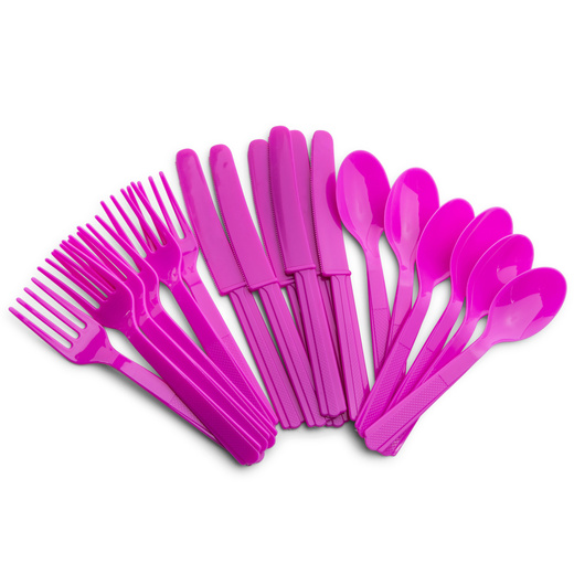 neon pink plastic cutlery set for 6 guests (18pcs) let go & have fun